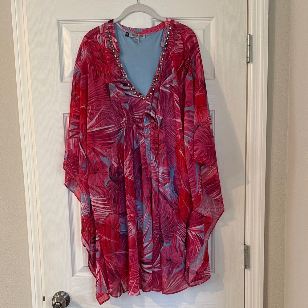 Jennifer Lopez Vibrant Pink and Blue Tropical Caftan Style Dress